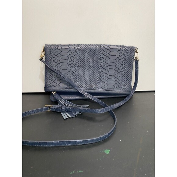 GIGI NEW YORK Navy Embossed Python Leather, Fold Over Clutch/Crossbody Purse. - Picture 1 of 7
